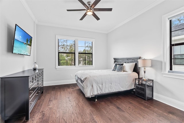 bedroom with multiple windows, ornamental molding, and dark wood-type flooring