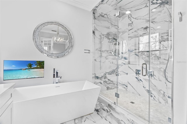 bathroom featuring vanity, a notable chandelier, ornamental molding, and plus walk in shower