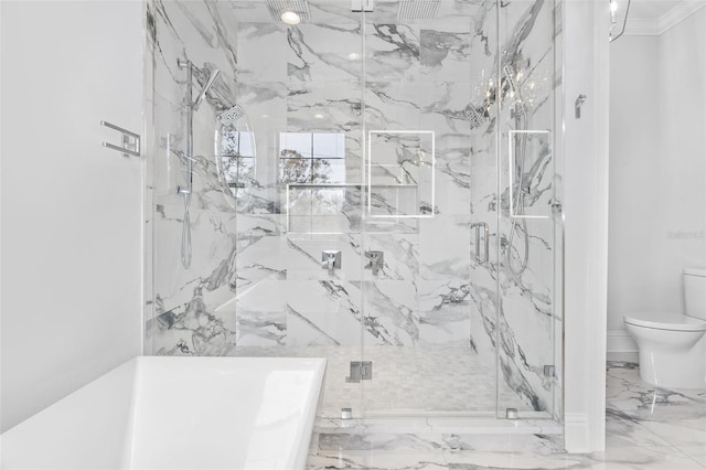 bathroom with ornamental molding, independent shower and bath, and toilet