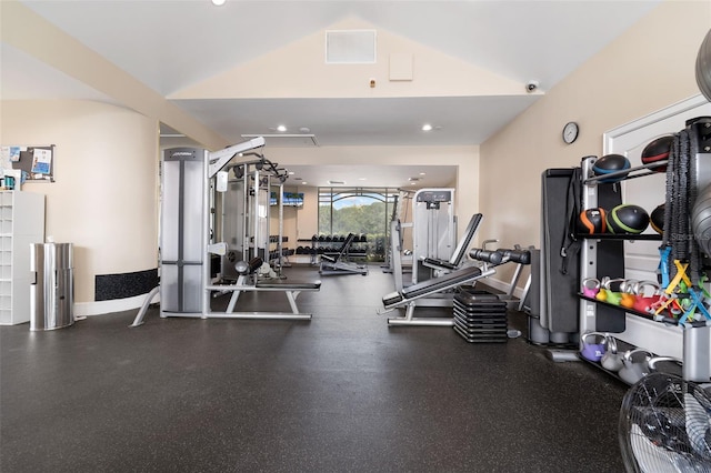 workout area featuring vaulted ceiling