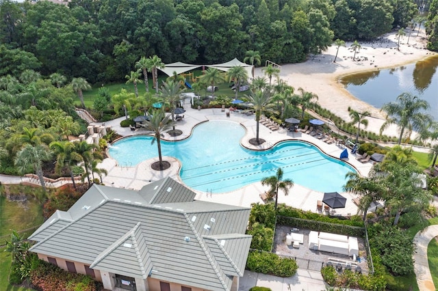 aerial view featuring a water view