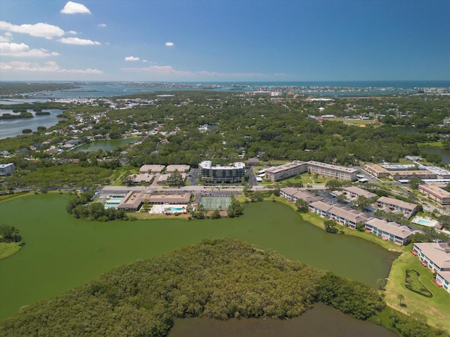 drone / aerial view with a water view