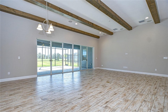 unfurnished room with beamed ceiling, light wood-type flooring, and a notable chandelier