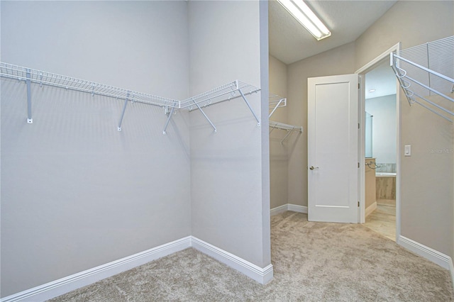 spacious closet with vaulted ceiling and light colored carpet