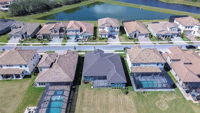 bird's eye view with a water view