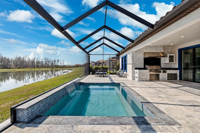 view of pool with a patio, a water view, area for grilling, and pool water feature