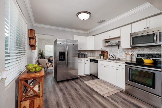 kitchen featuring appliances with stainless steel finishes, tasteful backsplash, white cabinetry, sink, and ornamental molding