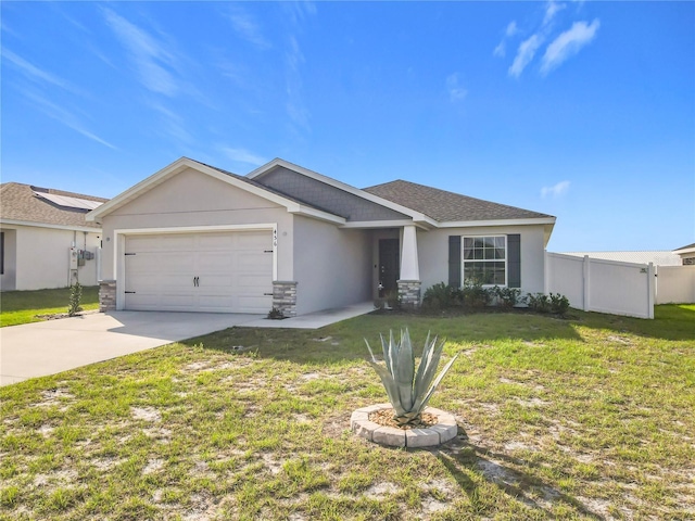 ranch-style home with stucco siding, an attached garage, fence, driveway, and a front lawn