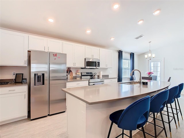kitchen with visible vents, appliances with stainless steel finishes, white cabinets, a sink, and a kitchen breakfast bar