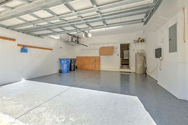 garage featuring a garage door opener, electric panel, and water heater