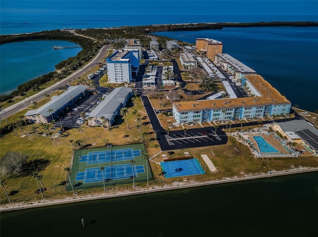 drone / aerial view with a water view