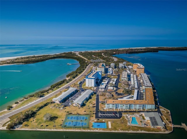 bird's eye view with a beach view and a water view