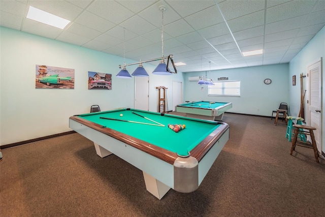 playroom featuring a drop ceiling, billiards, and dark colored carpet