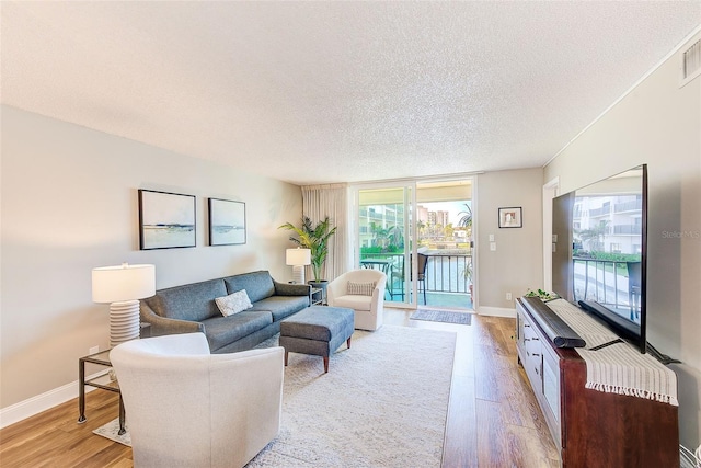 living room featuring a textured ceiling and light wood-type flooring