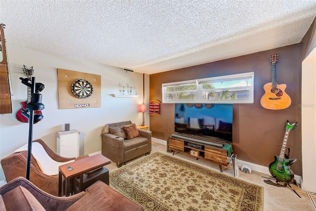 living room with a textured ceiling and carpet flooring