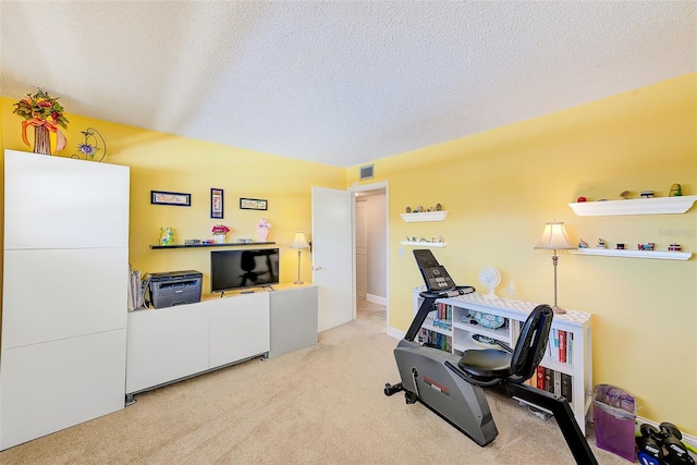 exercise area with light carpet and a textured ceiling