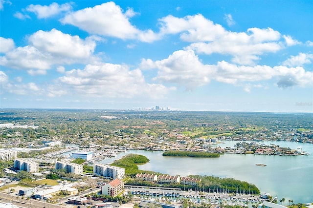 bird's eye view with a water view