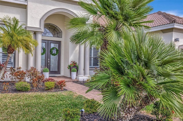 doorway to property with a tile roof and stucco siding