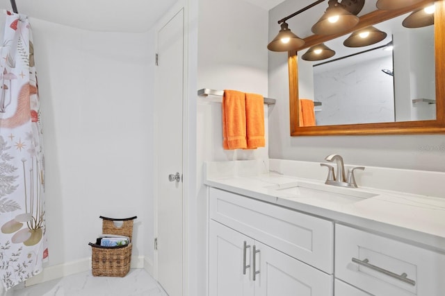 1200 N Shore Dr NE Unit 204, Saint Petersburg, FL 33701 - full bath featuring marble finish floor, baseboards, a shower with curtain, and vanity