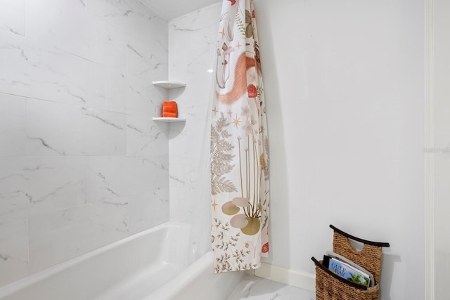 1200 N Shore Dr NE Unit 204, Saint Petersburg, FL 33701 - full bathroom with marble finish floor, baseboards, and shower / bathtub combination with curtain
