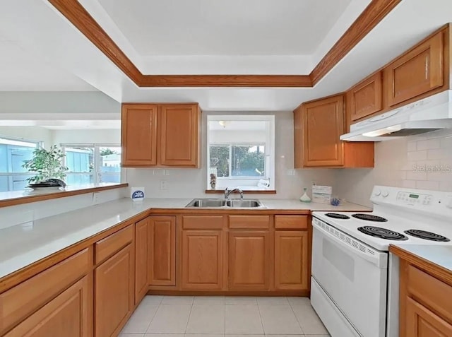 kitchen with a tray ceiling, sink, white electric range, and plenty of natural light