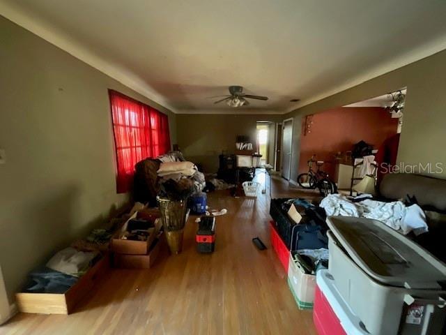 interior space with light wood finished floors and a ceiling fan