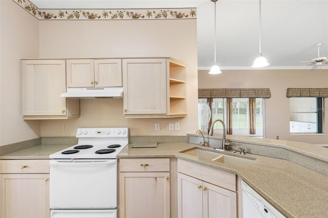 kitchen featuring sink, white appliances, ceiling fan, decorative light fixtures, and kitchen peninsula