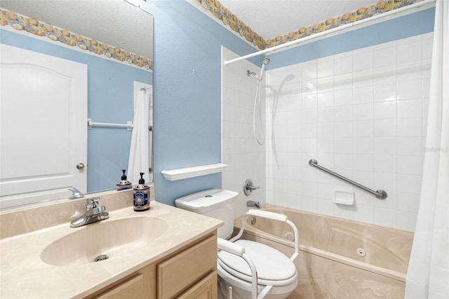 full bathroom with vanity, toilet, shower / bath combo with shower curtain, and a textured ceiling