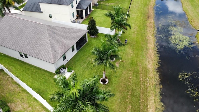 bird's eye view with a water view