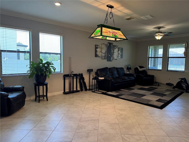 living area with visible vents, ornamental molding, and light tile patterned floors