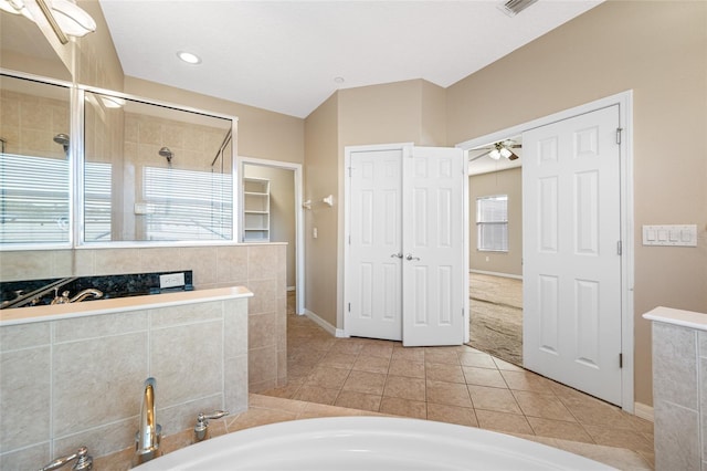 bathroom with independent shower and bath, tile patterned floors, and ceiling fan