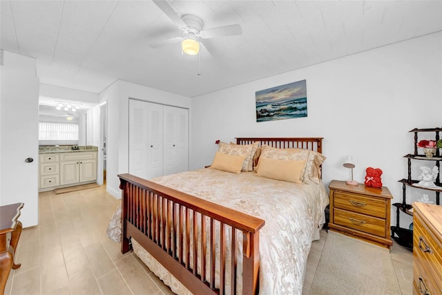 bedroom featuring ceiling fan and a closet