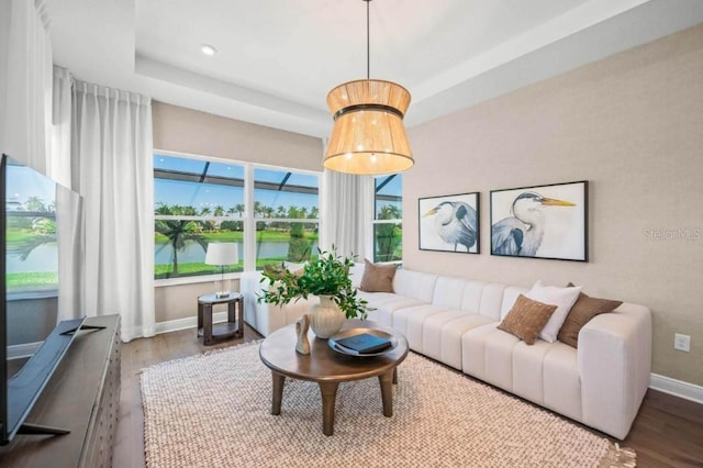 living room featuring a tray ceiling, hardwood / wood-style flooring, and a water view