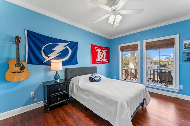 bedroom with baseboards, ceiling fan, ornamental molding, wood finished floors, and access to outside