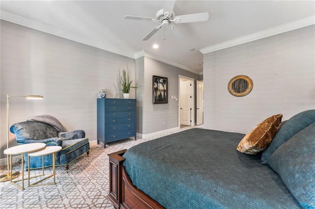 bedroom with light colored carpet, ornamental molding, and ceiling fan