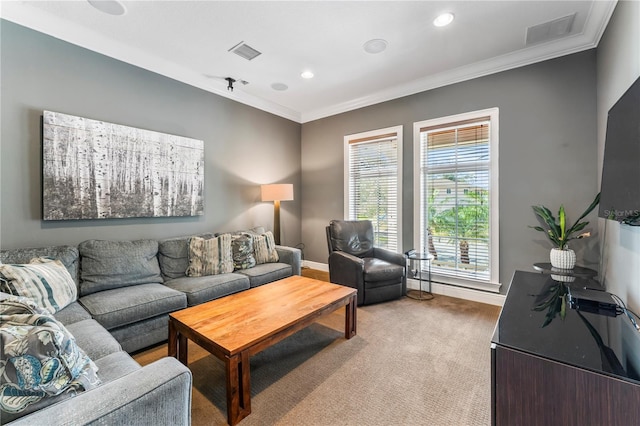 living room with light colored carpet and ornamental molding