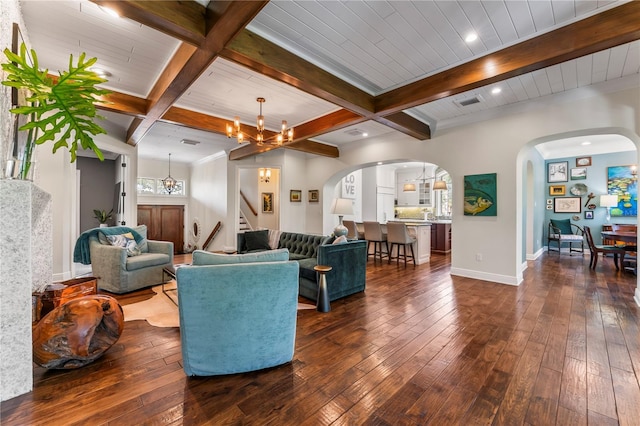 living room with beamed ceiling, coffered ceiling, a notable chandelier, and dark hardwood / wood-style flooring