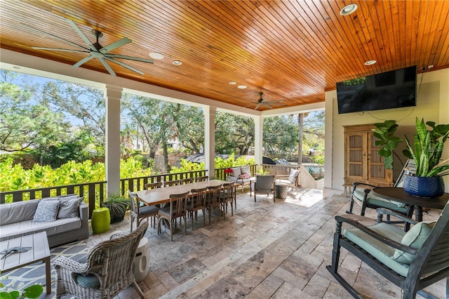 sunroom / solarium featuring wood ceiling and a ceiling fan