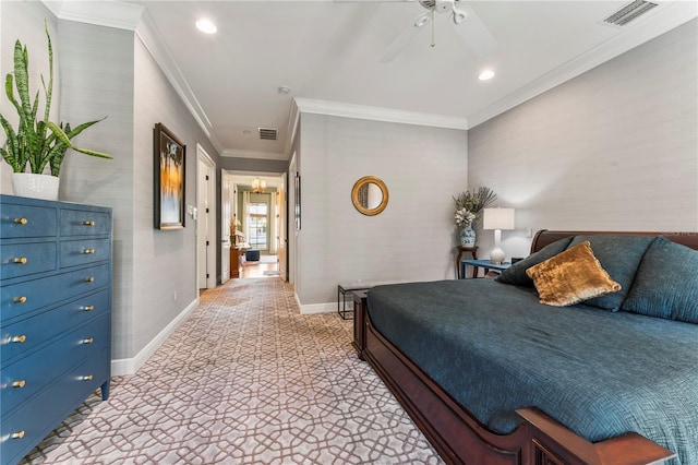 carpeted bedroom with crown molding and ceiling fan