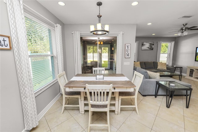 dining space featuring light tile patterned floors, baseboards, visible vents, and recessed lighting