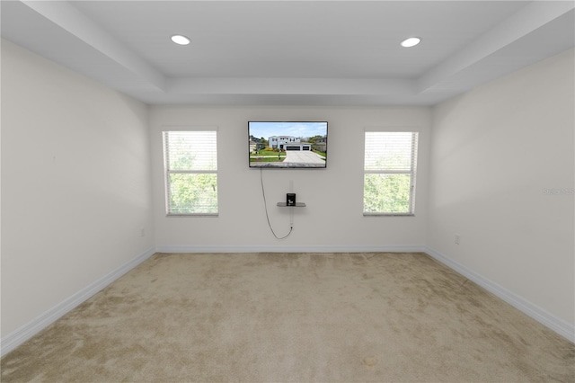 empty room with a tray ceiling, a wealth of natural light, and light colored carpet