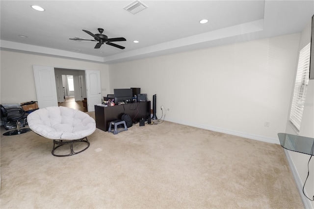 home office with recessed lighting, a raised ceiling, visible vents, carpet flooring, and baseboards