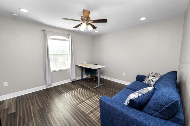 office space with a ceiling fan, recessed lighting, baseboards, and wood finished floors