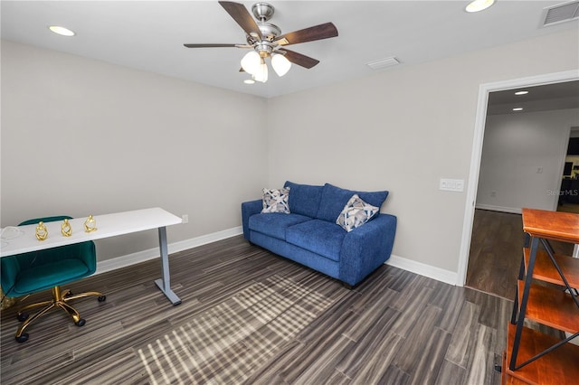 office area featuring recessed lighting, visible vents, baseboards, and wood finished floors