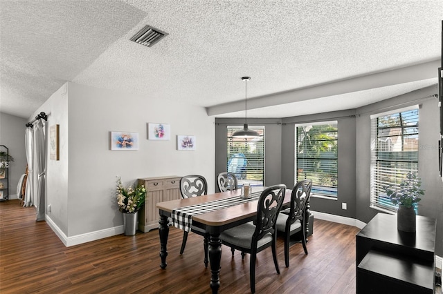 dining room featuring dark wood-type flooring, a textured ceiling, and plenty of natural light