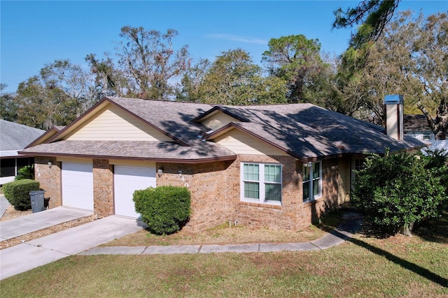 ranch-style house with a garage and a front yard