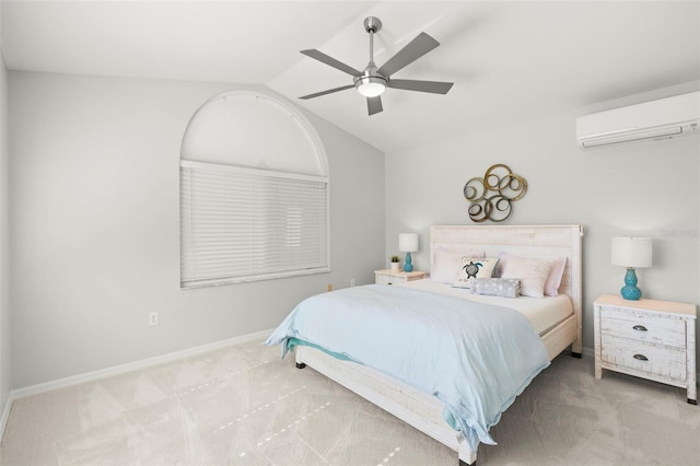 bedroom with light carpet, a wall mounted air conditioner, vaulted ceiling, and ceiling fan