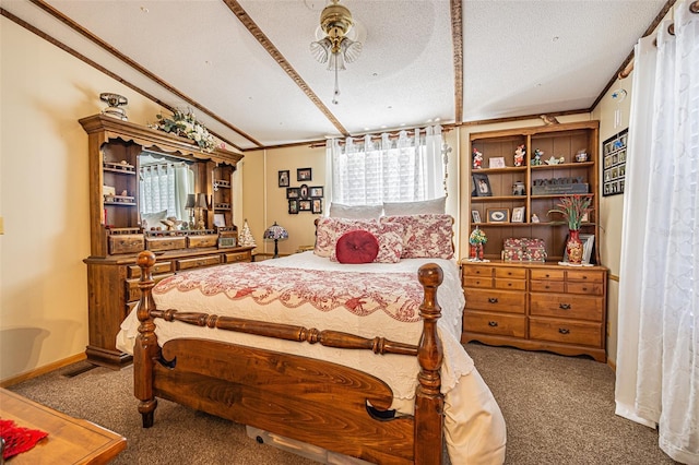 bedroom featuring crown molding, ceiling fan, dark colored carpet, a textured ceiling, and vaulted ceiling