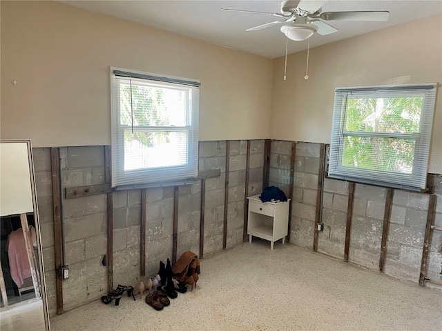 basement with ceiling fan