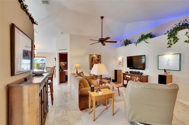 living room featuring vaulted ceiling and ceiling fan